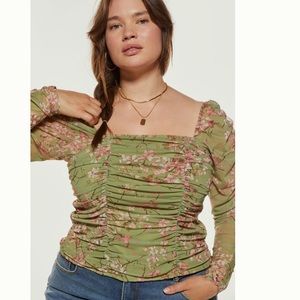 NWT! Anthropologie Maeve Tulle Blouse Green Floral Smocked Long Sleeve Top NEW